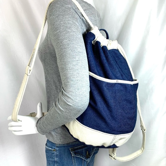 Unbranded Blue Denim Unisex Medium Backpack Cream Straps Trim Zip Pouch Included - Picture 2 of 9